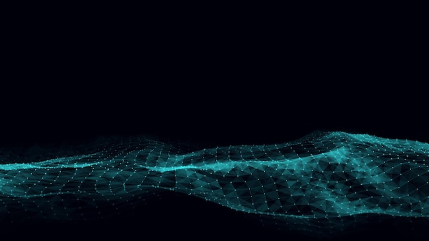 抽象的向量技术波与运动发光的点 数字背景中的黑暗网络空间 连接大数据 未来化的电线框架纹理 动态分析网络连接