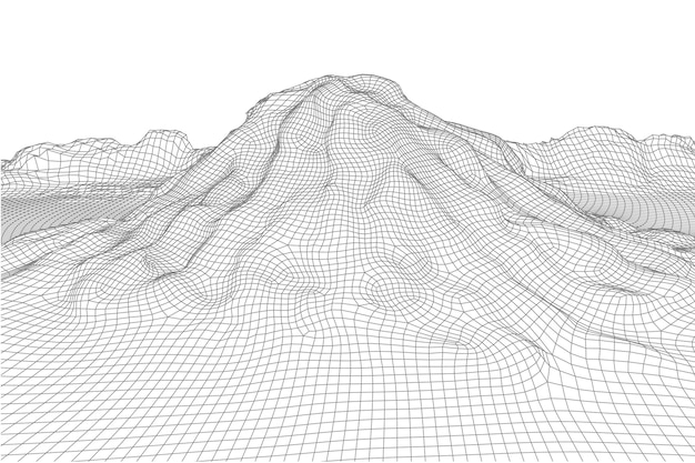 Fondo astratto del paesaggio del wireframe di vettore. montagne futuristiche della maglia 3d. illustrazione retrò anni '80. valli tecnologiche del cyberspazio.