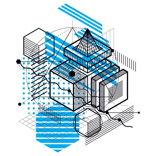 Vector abstract vectorachtergrond met isometrische lijnen en vormen. kubussen, zeshoeken, vierkanten, rechthoeken en verschillende abstracte elementen.