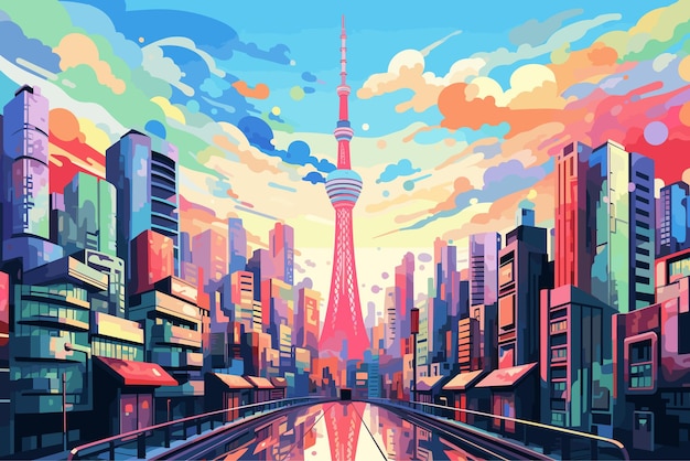 Abstract vectorillustratie van de Tokyo Skytree-toren in heldere surrealistische kleuren tegen een surrealistische, levendige dageraadhemelachtergrond