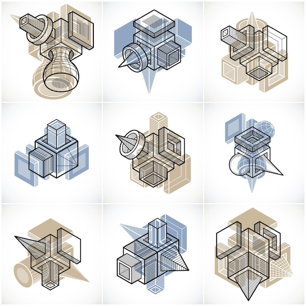 Vector abstract vectors set, isometric dimensional shapes collection.