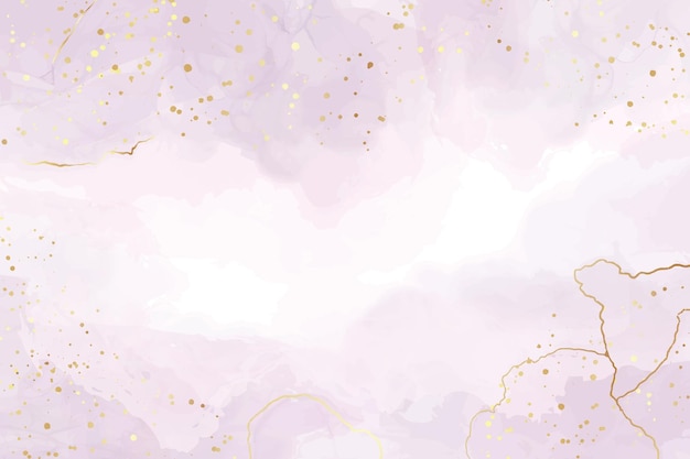 Abstract violet liquid watercolor background with golden stains and lines