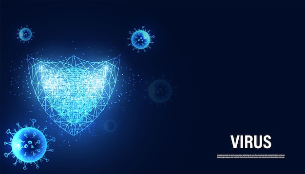 Abstract Virus protection concept shield against viruses bacteria with glowing low polygonal shield
