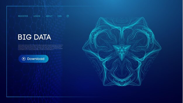 アブストラクトなビッグデータの視覚化 - ジオメトリックパターンとダウンロードボタンを備えた青い色で表現されたビッグデータ - データ分析と技術統合