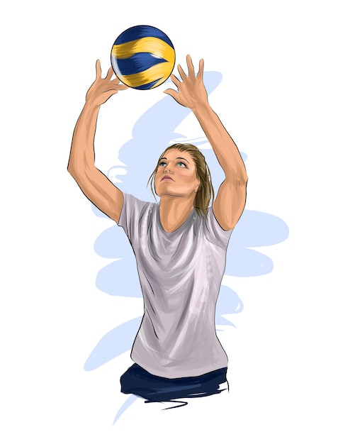 Abstract volleyball player jumping from splash of watercolors colored drawing realistic