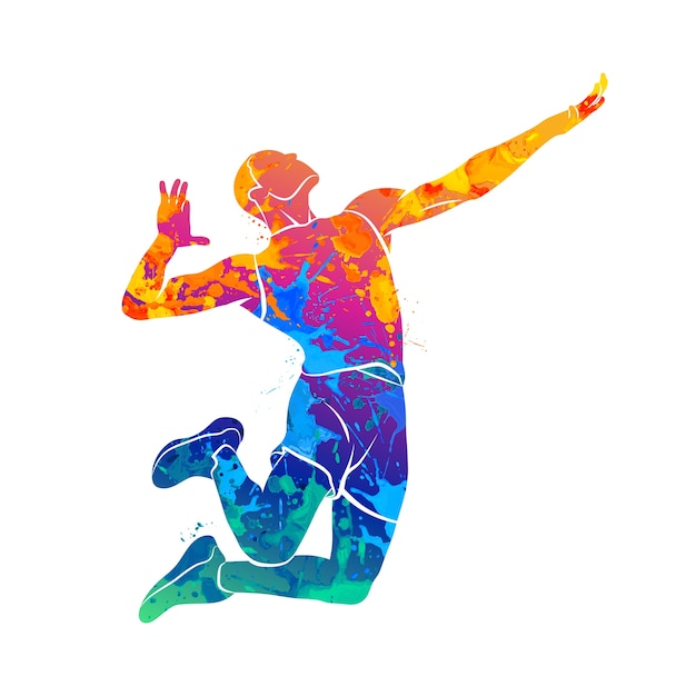 水彩画のスプラッシュからジャンプ抽象的なバレーボール選手。塗料のイラスト。