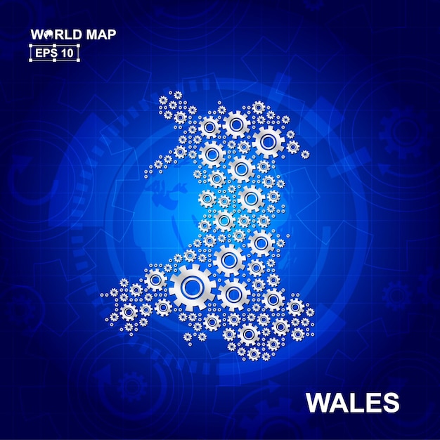 Abstract wales map design with transmission cog wheels and gears icon concept