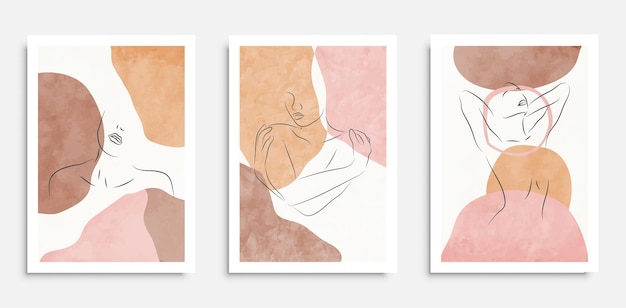 Абстрактное настенное искусство плакаты с женскими линиями и органическими акварельными формами дизайн для печати