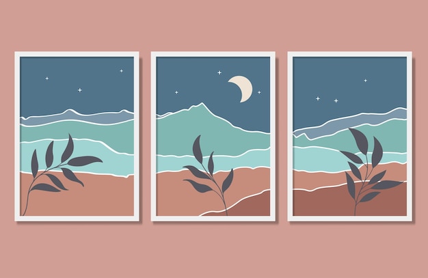 Abstract wall art vector set boho mountain moonlight poster illustration