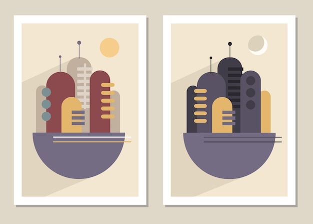 abstract wall art with geometric shapes of urban skyscrapers.