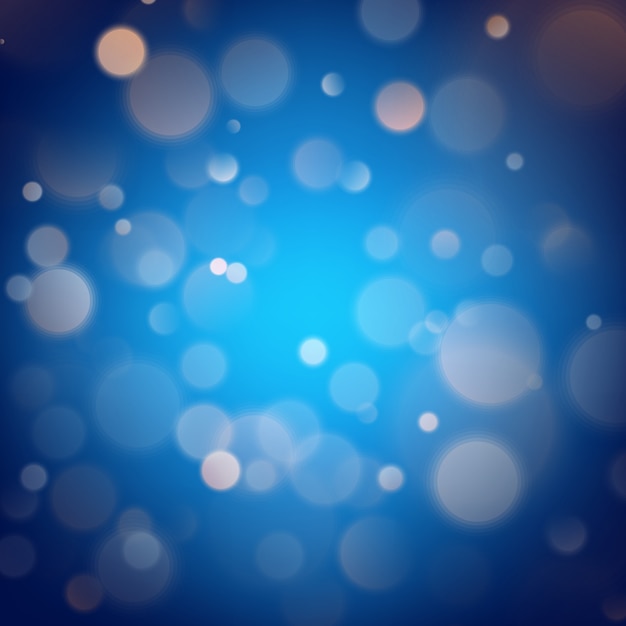 Абстрактное теплое влияние bokeh на голубой предпосылке. Огни золотого блеска.