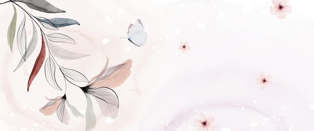 Abstract watercolor background with botanical and butterfly on watercolor stains