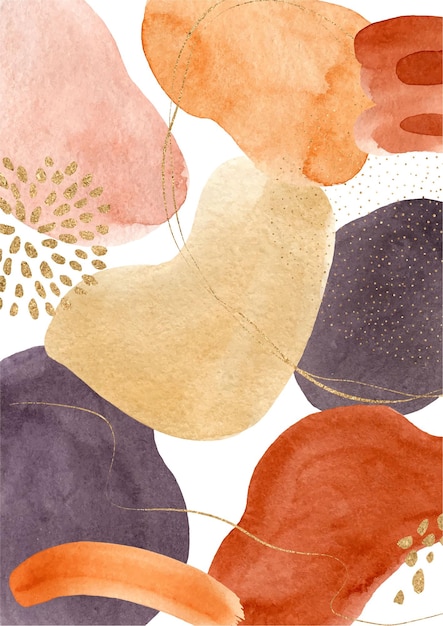 Abstract watercolor background with organic shapes, strokes and golden elements. Vector illustration