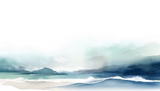 바다와 시원한 파도가 있는 추상 수채화 풍경 디자인을 위한 손으로 그린 그림