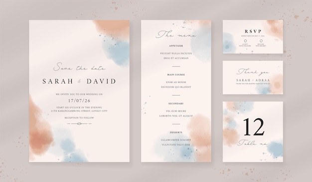 Vector abstract watercolor wedding invitation template set of wedding stationery luxury card and poster background