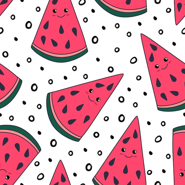 Abstract watermelon vector seamless  pattern. Random fruit slices and small black spots.