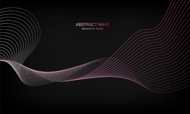 Абстрактный элемент волны для дизайна на черном фоне. Красочные розовые градиентные блестящие волны с линиями.