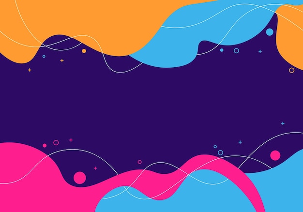 Abstract wave fluid background with memphis elements. Vector illustration.