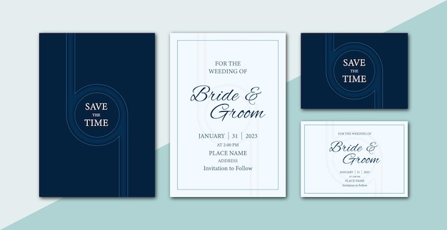 추상 웨이브 라인 아트 패턴 네이비 블루 그늘 테마 결혼식 초대 카드 템플릿