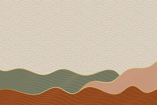 벡터 기하학적 일본 패턴과 물결 모양의 줄무늬가 있는 추상 웨이브 스타일 배경