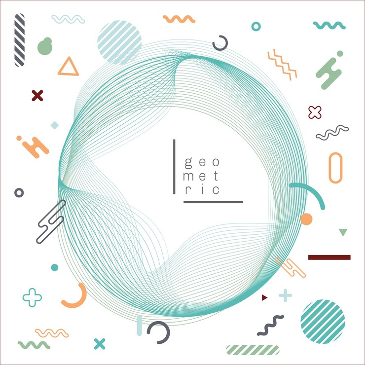 Vector 추상 물결 모양의 원 선은 흰색 배경의 기하학적 요소와 혼합됩니다. 벡터 그래픽 일러스트
