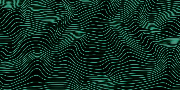 暗い背景の抽象的な波状の緑の3dメッシュ幾何学的な動的波3D技術ワイヤーフレームベクトル図