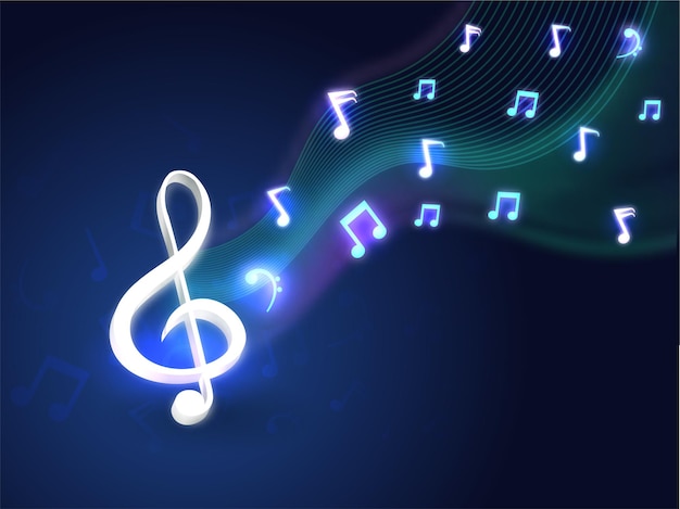 Abstract Wavy Line Blue Background With Light Effect Music Notes.