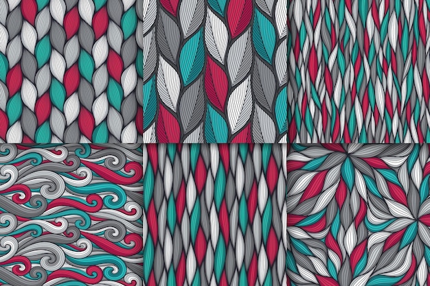 Abstract wavy lines seamless patterns set Floral organic vector illustration