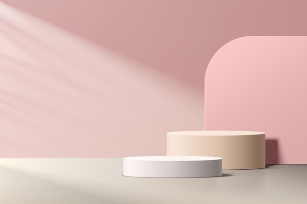 Abstract white and beige realistic 3D cylinder pedestal podium set with pink geometric backdrop