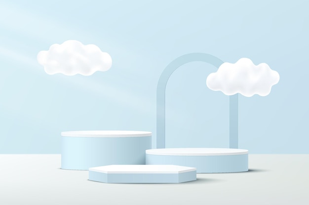 Abstract White Blue 3D hexagonal and cylinder pedestal podium with cloud flying and arches backdrop