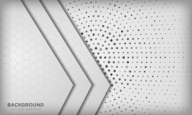 Abstract white dimension overlap background with hexagon pattern on silver radial halftone.