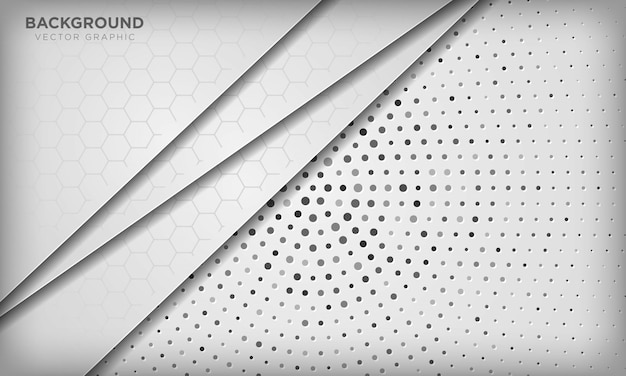 Abstract white dimension overlap background with hexagon pattern on silver radial halftone.