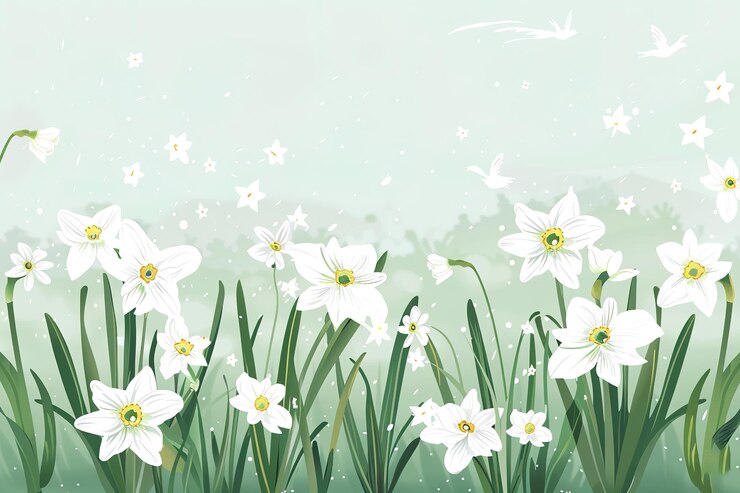 Vector abstract white flowers on green original hand drawn impressionism style color texture brush