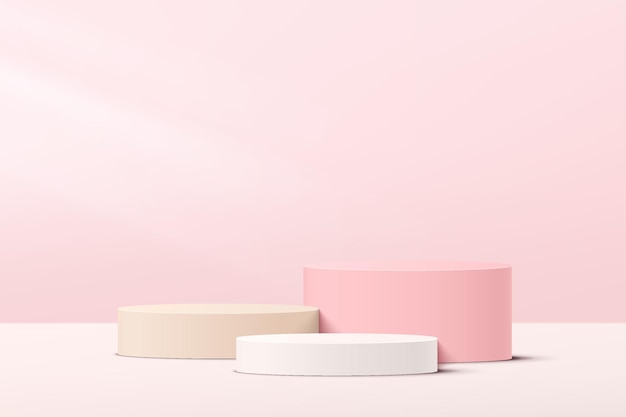 Podio con piedistallo cilindrico a gradini 3d bianco e rosa astratto con scena di parete minima rosa pastello per la presentazione di prodotti cosmetici. progettazione della piattaforma di rendering geometrico vettoriale. illustrazione vettoriale