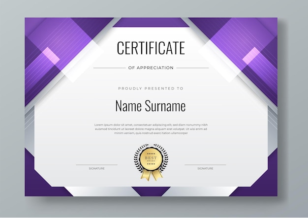 Abstract white purple geometric certificate template Modern certificate with badges For award business and education needs Diploma vector template