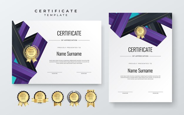 Abstract white purple geometric certificate template Modern certificate with badges For award business and education needs Diploma vector template