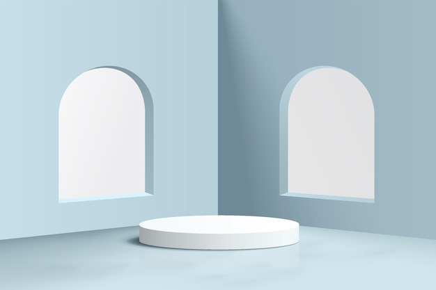 Abstract white realistic 3D cylinder pedestal podium in pastel blue room with arch window