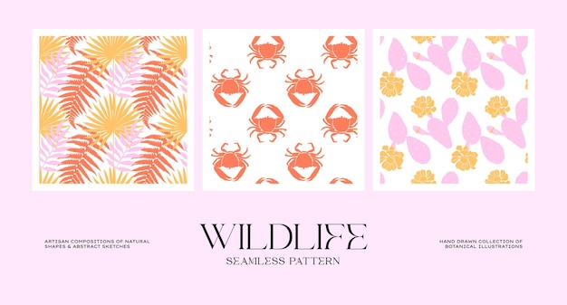あなたのブランドアイデンティティに合う抽象的な野生動物のシームレスなパターンコレクション私たちのパッケージデザイン