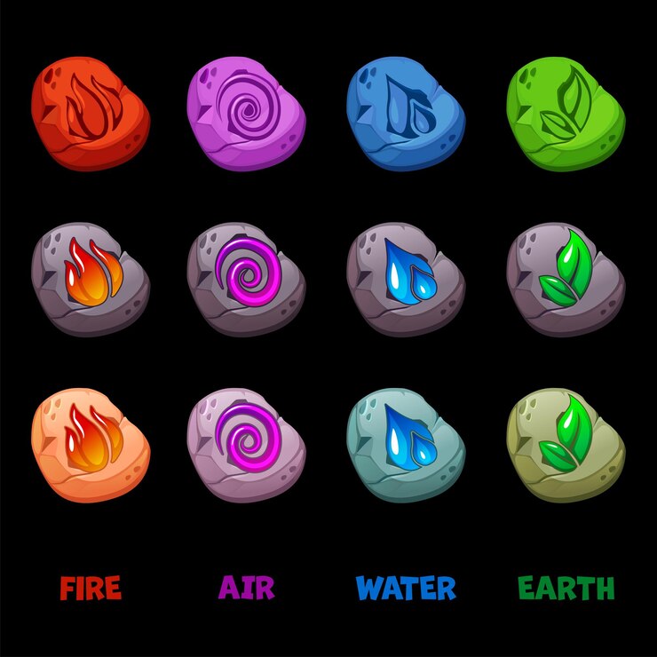 Vector abstract wind air fire water earth symbol design on stones for game or app concept in different color icons for ui game