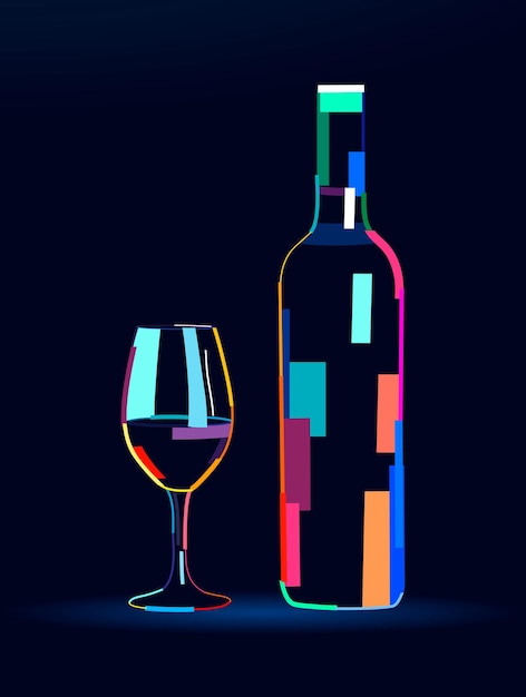 Vector abstract wine bottle with glass from multicolored paints colored drawing vector illustration