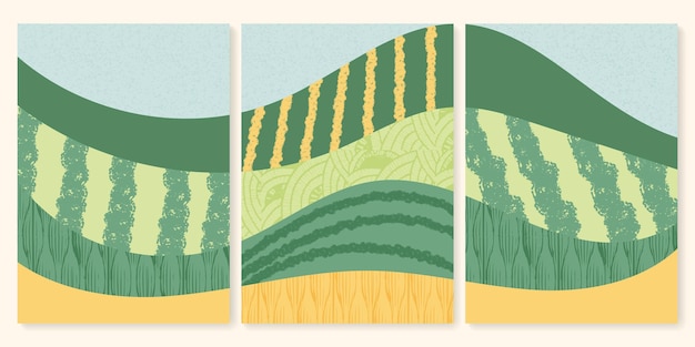 抽象的なワインヤードファームフィールドパターンベクトルイラストブドウ園の緑の風景とテクスチャのセットブドウの谷のポスターブドウ栽培ヴィンテージ背景エコカード