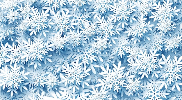 Abstract winter christmas background. Many snowflakes fill the entire screen. Cut out of paper in layers. Volumetric image. Blue tones.