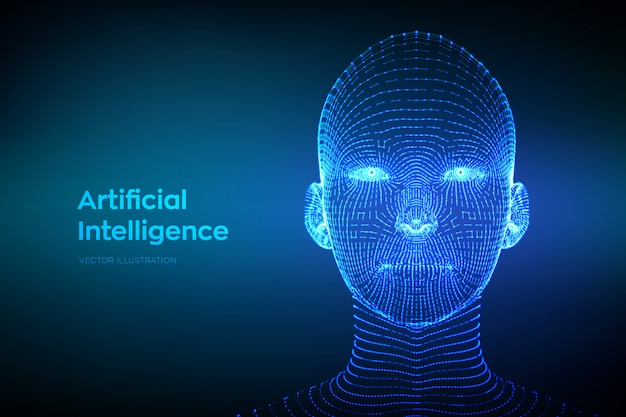 Abstract wireframe digital human face. AI. Artificial intelligence concept.