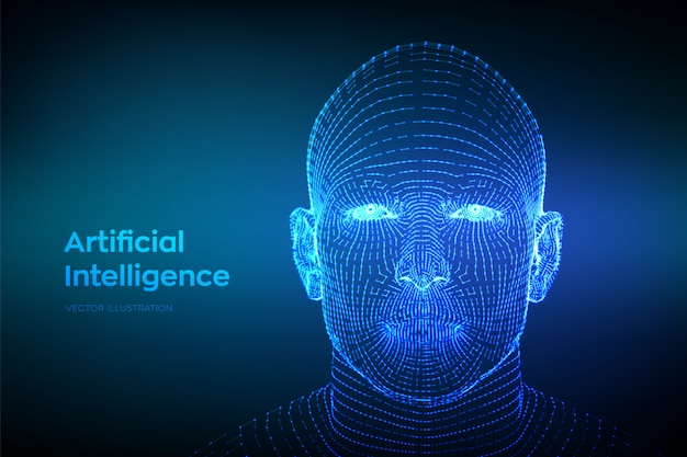 Abstract wireframe digital human face. Human head in robot digital computer interpretation