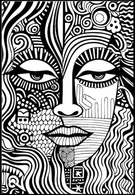 Вектор Абстрактное женское лицо в линиях стиля маори и геометрическом искусстве черно-белое