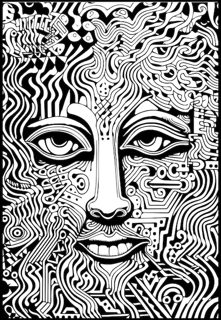 Абстрактное женское лицо в линиях стиля маори и геометрическом искусстве черно-белое