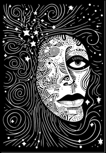 Abstract woman face in Maori art style lines and geometric Art Black and white