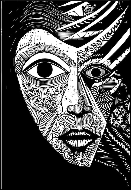 マオリアートスタイルのラインと幾何学的なアート黒と白の抽象的な女性の顔