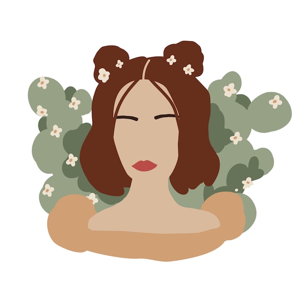 Vector abstract woman face in minimal style. modern fashion female faceless portrait. girl and blooming cactus