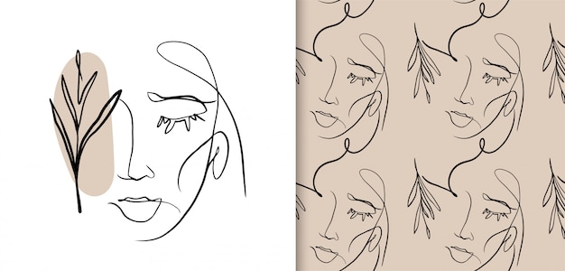 Abstract Woman face one line drawing. Seamless pattern. Minimal style vector.